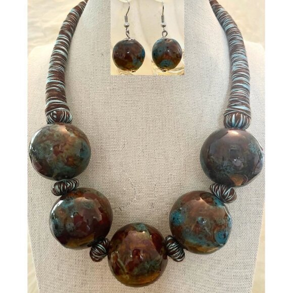 Turquoise & Brown Ceramic Fibre Handmade Necklace Choker Earrings Set 18" NWOT - Picture 1 of 5